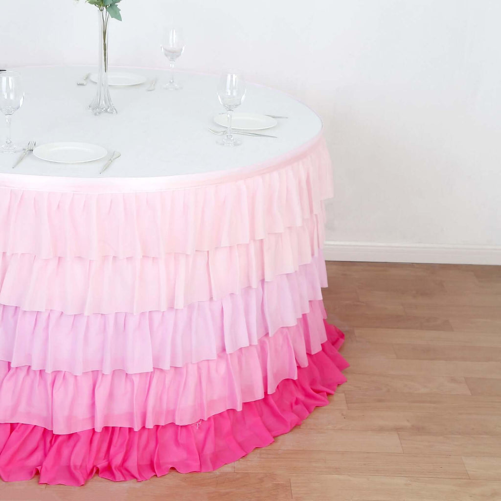 Chiffon 14ft Table Skirt Gradient Pink - Stylish 5 - Tier Ombre Ruffled Tutu Table Cover with Satin Backing for Weddings & Celebrations - Bell Racket Store
