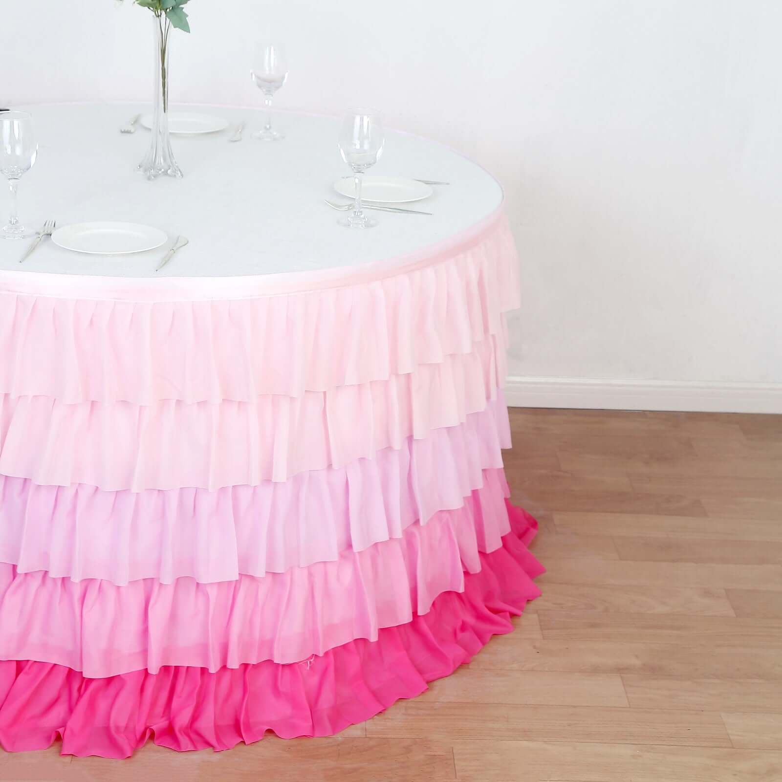 Chiffon 14ft Table Skirt Gradient Pink - Stylish 5 - Tier Ombre Ruffled Tutu Table Cover with Satin Backing for Weddings & Celebrations - Bell Racket Store