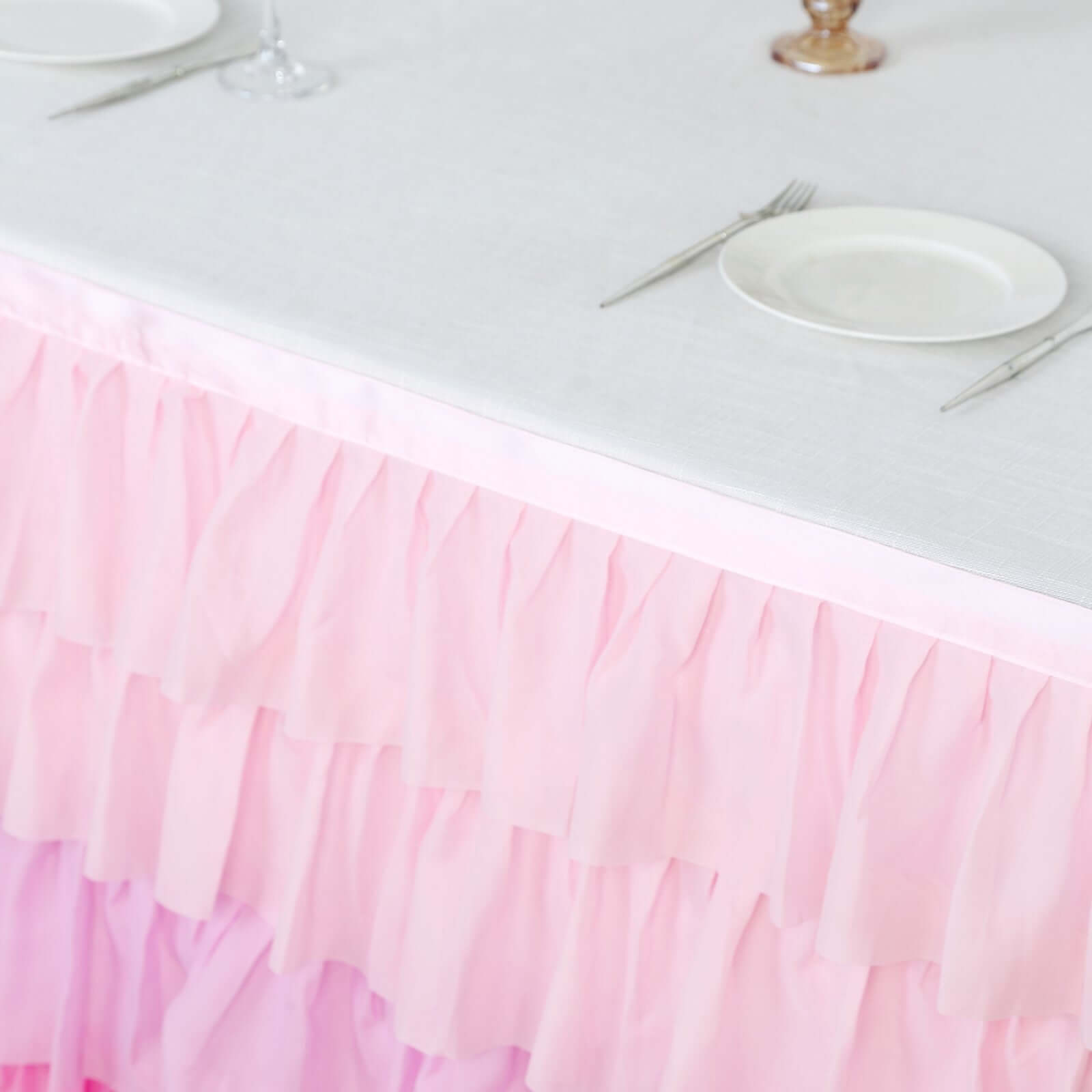 Chiffon 14ft Table Skirt Gradient Pink - Stylish 5 - Tier Ombre Ruffled Tutu Table Cover with Satin Backing for Weddings & Celebrations - Bell Racket Store