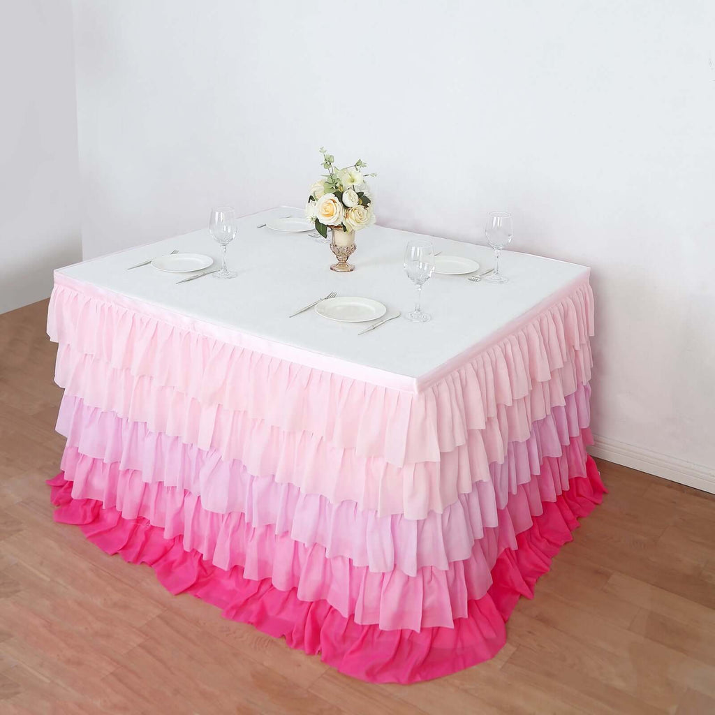Chiffon 14ft Table Skirt Gradient Pink - Stylish 5 - Tier Ombre Ruffled Tutu Table Cover with Satin Backing for Weddings & Celebrations - Bell Racket Store