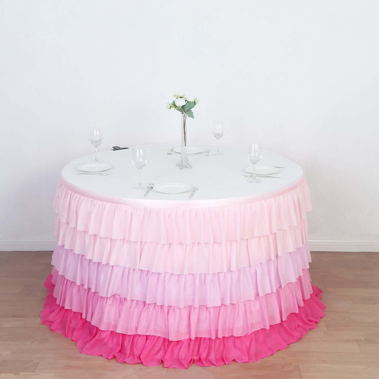Chiffon 14ft Table Skirt Gradient Pink - Stylish 5 - Tier Ombre Ruffled Tutu Table Cover with Satin Backing for Weddings & Celebrations - Bell Racket Store