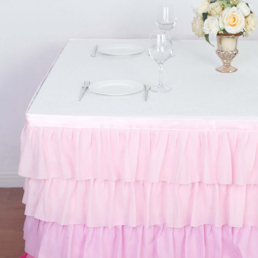 Chiffon 14ft Table Skirt Gradient Pink - Stylish 5 - Tier Ombre Ruffled Tutu Table Cover with Satin Backing for Weddings & Celebrations - Bell Racket Store