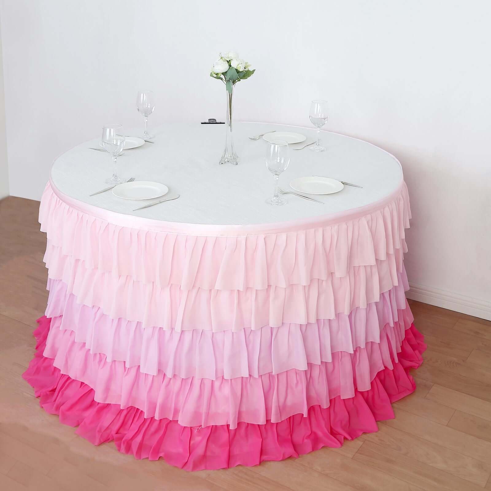 Chiffon 14ft Table Skirt Gradient Pink - Stylish 5 - Tier Ombre Ruffled Tutu Table Cover with Satin Backing for Weddings & Celebrations - Bell Racket Store