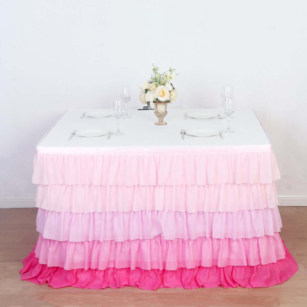 Chiffon 14ft Table Skirt Gradient Pink - Stylish 5 - Tier Ombre Ruffled Tutu Table Cover with Satin Backing for Weddings & Celebrations - Bell Racket Store