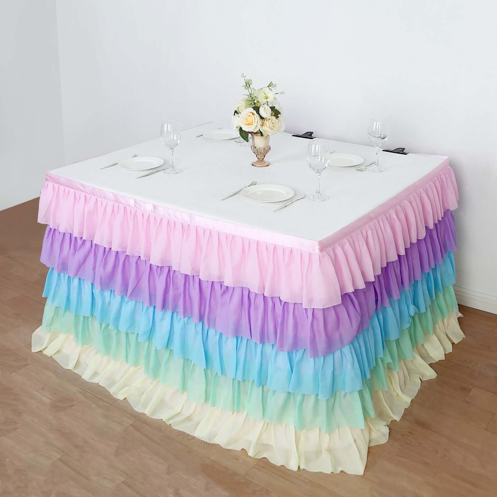 Chiffon 14ft Table Skirt Gradient Unicorn - 5 - Tier Ombre Ruffled Tutu Table Cover with Satin Backing for Enchanting Events - Bell Racket Store