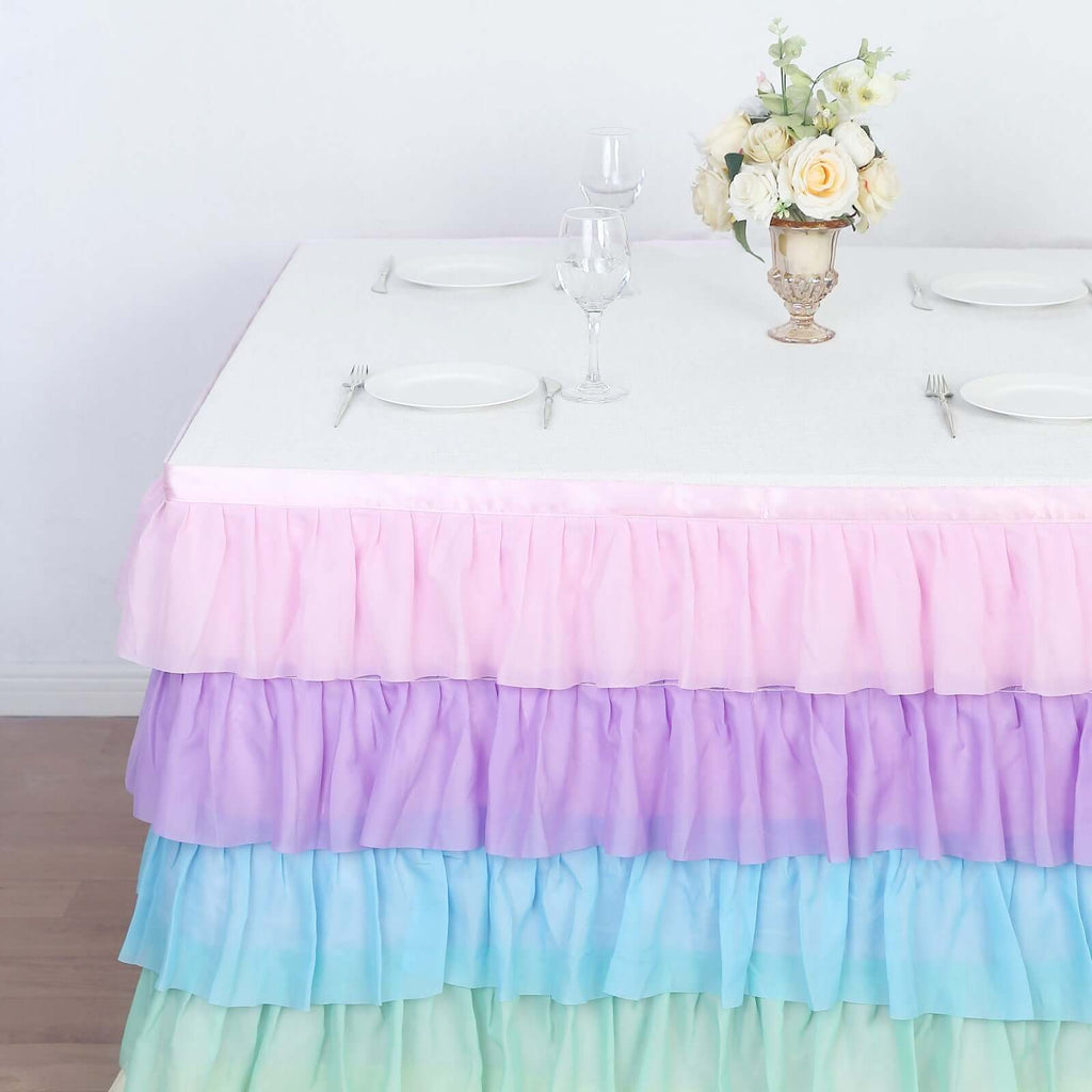 Chiffon 14ft Table Skirt Gradient Unicorn - 5 - Tier Ombre Ruffled Tutu Table Cover with Satin Backing for Enchanting Events - Bell Racket Store