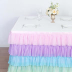Chiffon 14ft Table Skirt Gradient Unicorn - 5 - Tier Ombre Ruffled Tutu Table Cover with Satin Backing for Enchanting Events - Bell Racket Store
