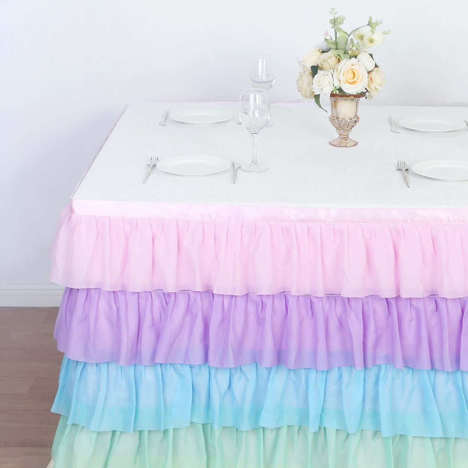 Chiffon 14ft Table Skirt Gradient Unicorn - 5 - Tier Ombre Ruffled Tutu Table Cover with Satin Backing for Enchanting Events - Bell Racket Store