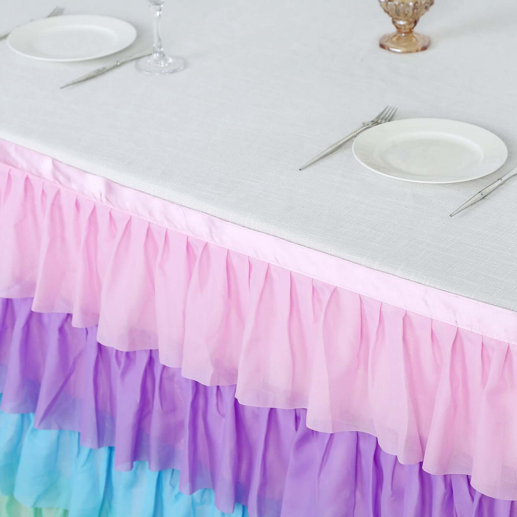 Chiffon 14ft Table Skirt Gradient Unicorn - 5 - Tier Ombre Ruffled Tutu Table Cover with Satin Backing for Enchanting Events - Bell Racket Store