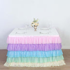 Chiffon 14ft Table Skirt Gradient Unicorn - 5 - Tier Ombre Ruffled Tutu Table Cover with Satin Backing for Enchanting Events - Bell Racket Store