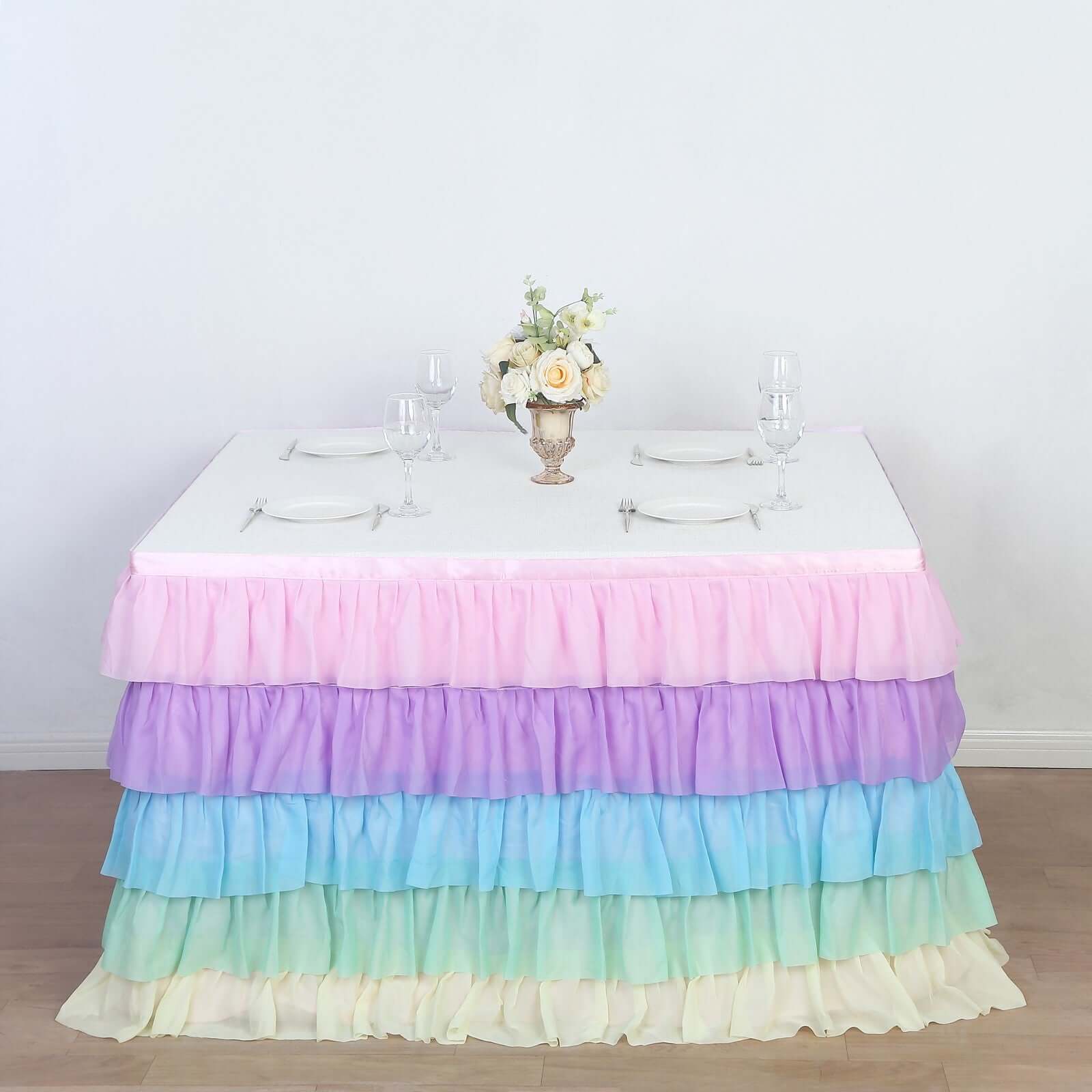 Chiffon 14ft Table Skirt Gradient Unicorn - 5 - Tier Ombre Ruffled Tutu Table Cover with Satin Backing for Enchanting Events - Bell Racket Store