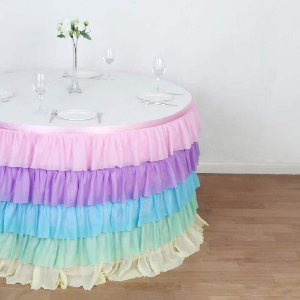 Chiffon 14ft Table Skirt Gradient Unicorn - 5 - Tier Ombre Ruffled Tutu Table Cover with Satin Backing for Enchanting Events - Bell Racket Store