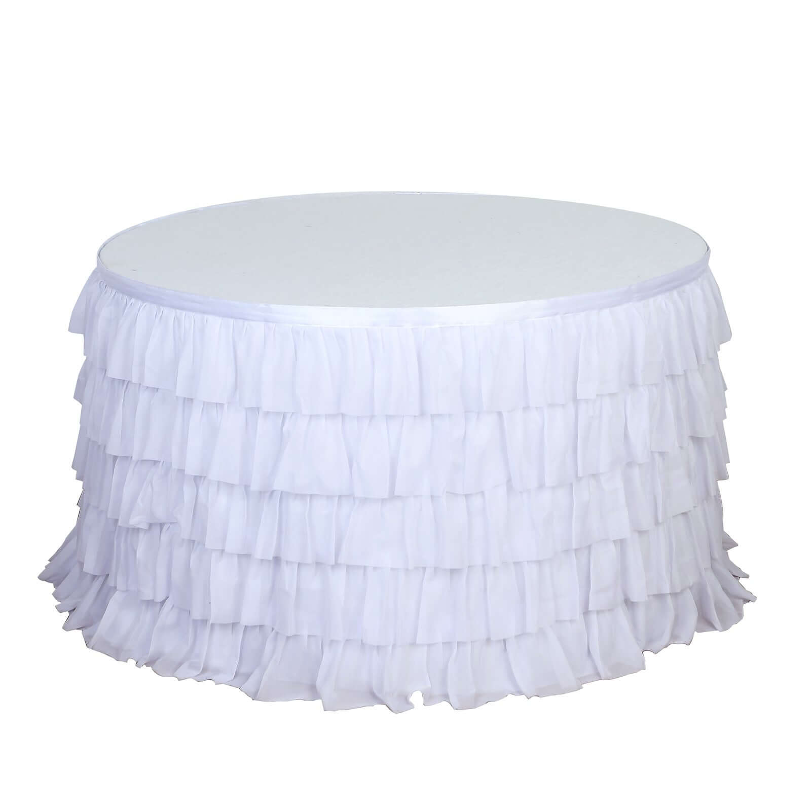 Chiffon 14ft Table Skirt White - 5 - Tier Ombre Ruffled Tutu Table Cover with Satin Backing for Sophisticated Events - Bell Racket Store
