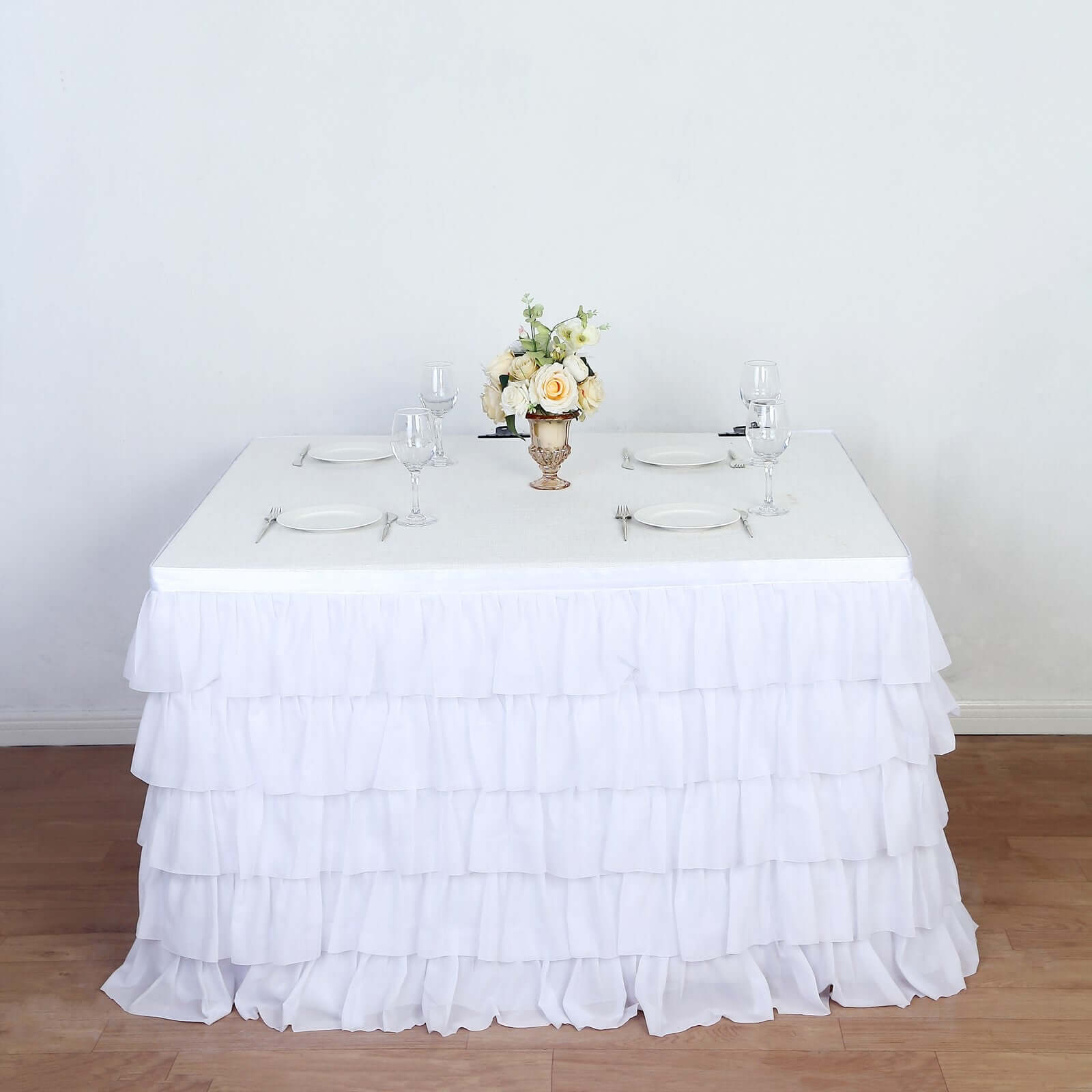 Chiffon 14ft Table Skirt White - 5 - Tier Ombre Ruffled Tutu Table Cover with Satin Backing for Sophisticated Events - Bell Racket Store