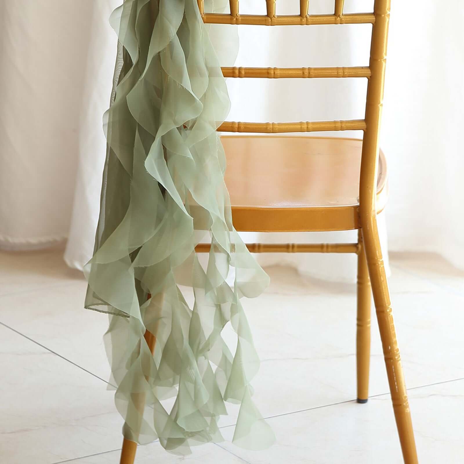 Chiffon Chair Sash with Curly Design Dusty Sage Green - Stylish Chair Decorations - Bell Racket Store