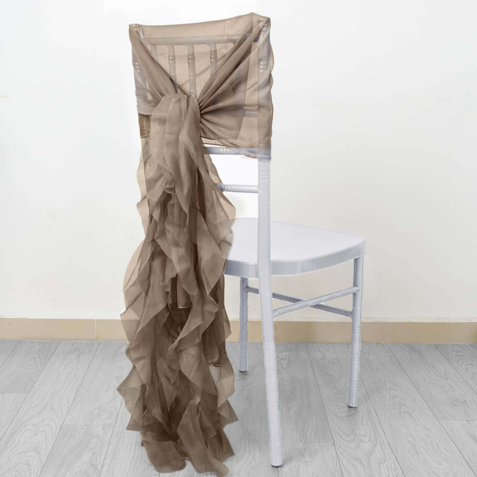 Chiffon Chair Sash with Curly Design Taupe - Stylish Chair Decorations - Bell Racket Store