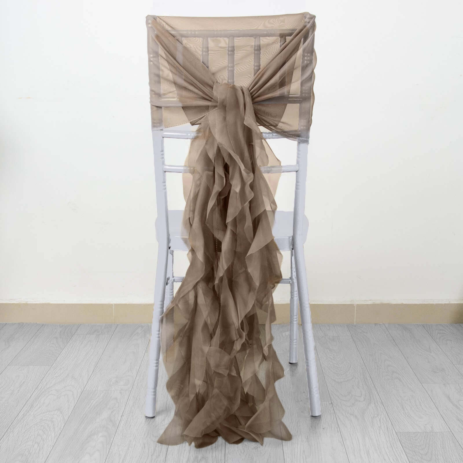 Chiffon Chair Sash with Curly Design Taupe - Stylish Chair Decorations - Bell Racket Store