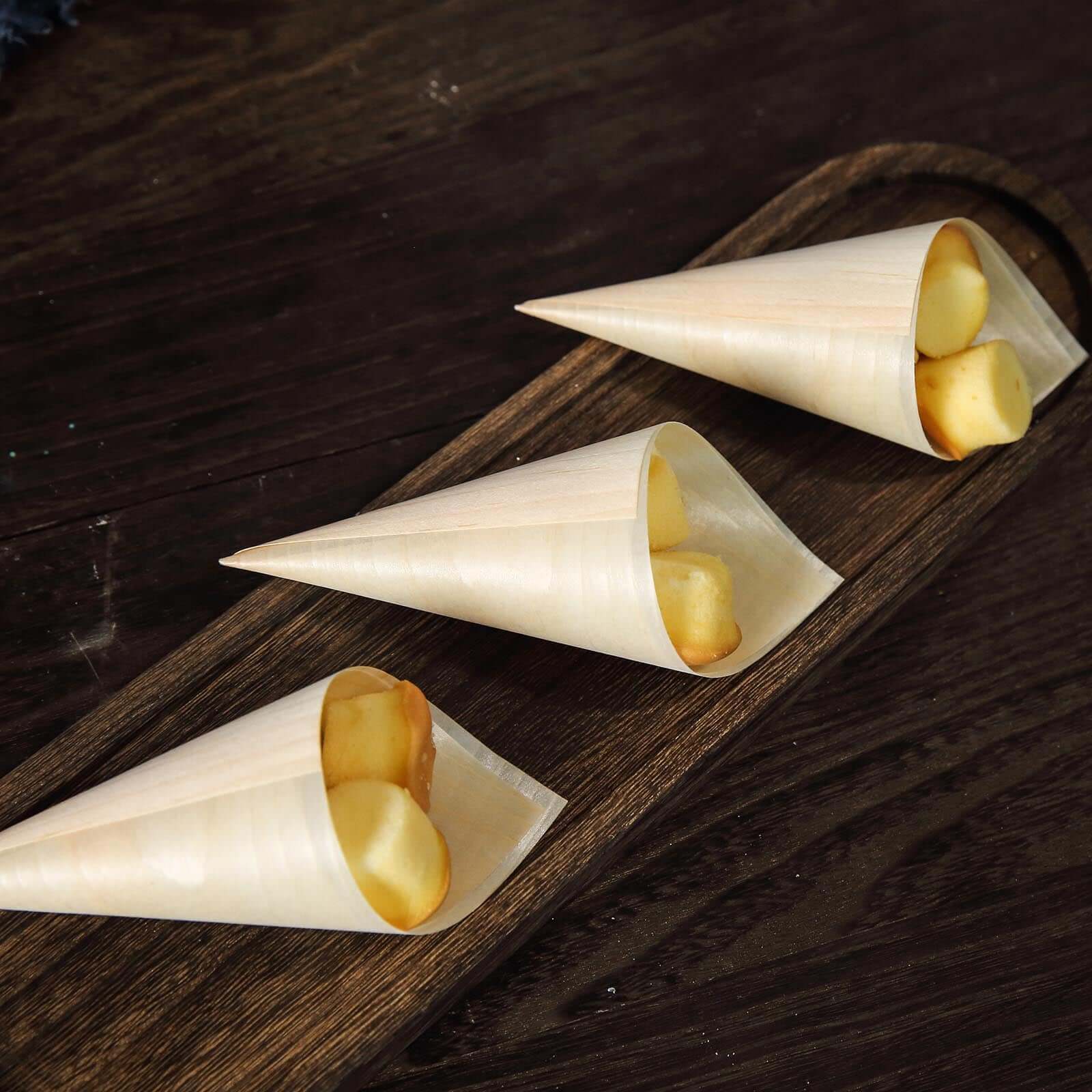 50-Pack Pine Wood Food Cones Eco Friendly Natural Disposable Design - 100% Biodegradable Tasting Serving Cones 6"