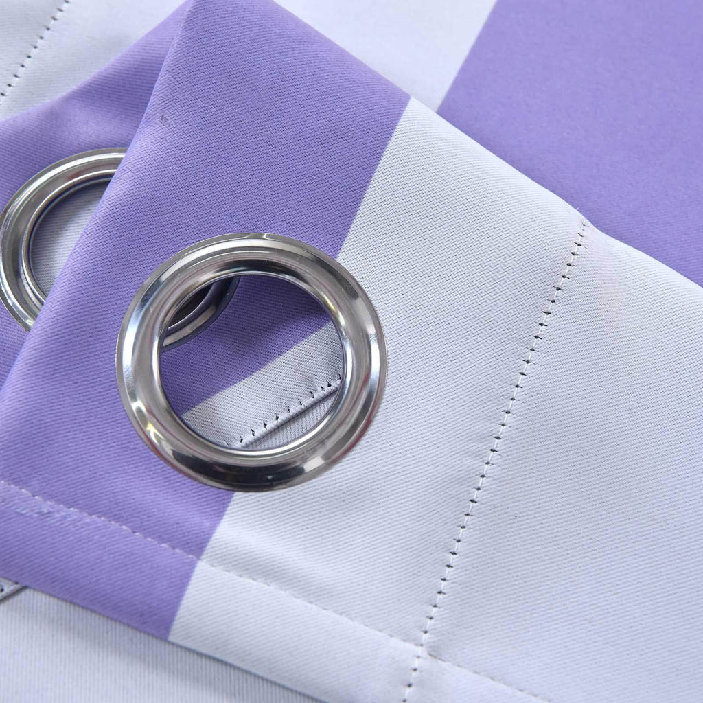 2 Pack White Lavender Lilac Cabana Stripe Thermal Blackout Curtains With Chrome Grommet Window Treatment Panels - 52"x108"