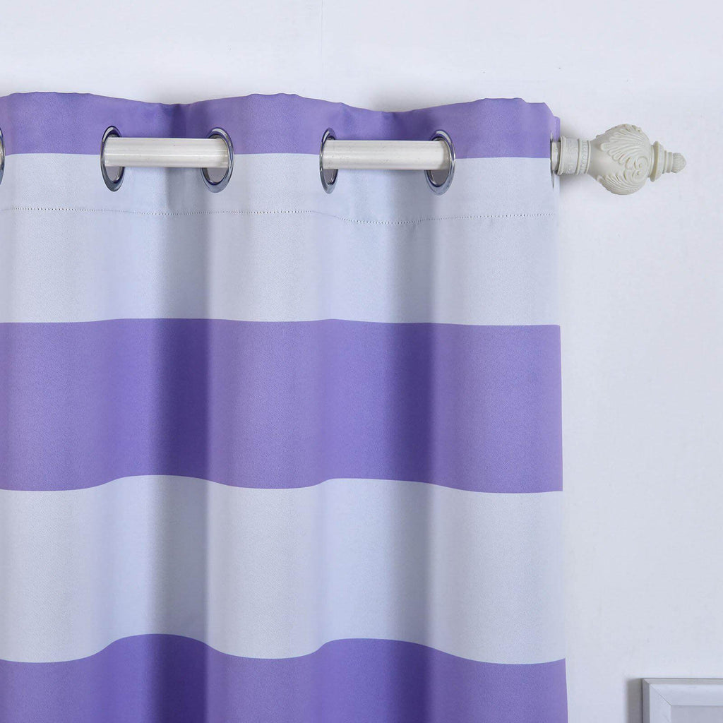 2 Pack White Lavender Lilac Cabana Stripe Thermal Blackout Curtains With Chrome Grommet Window Treatment Panels - 52"x108"