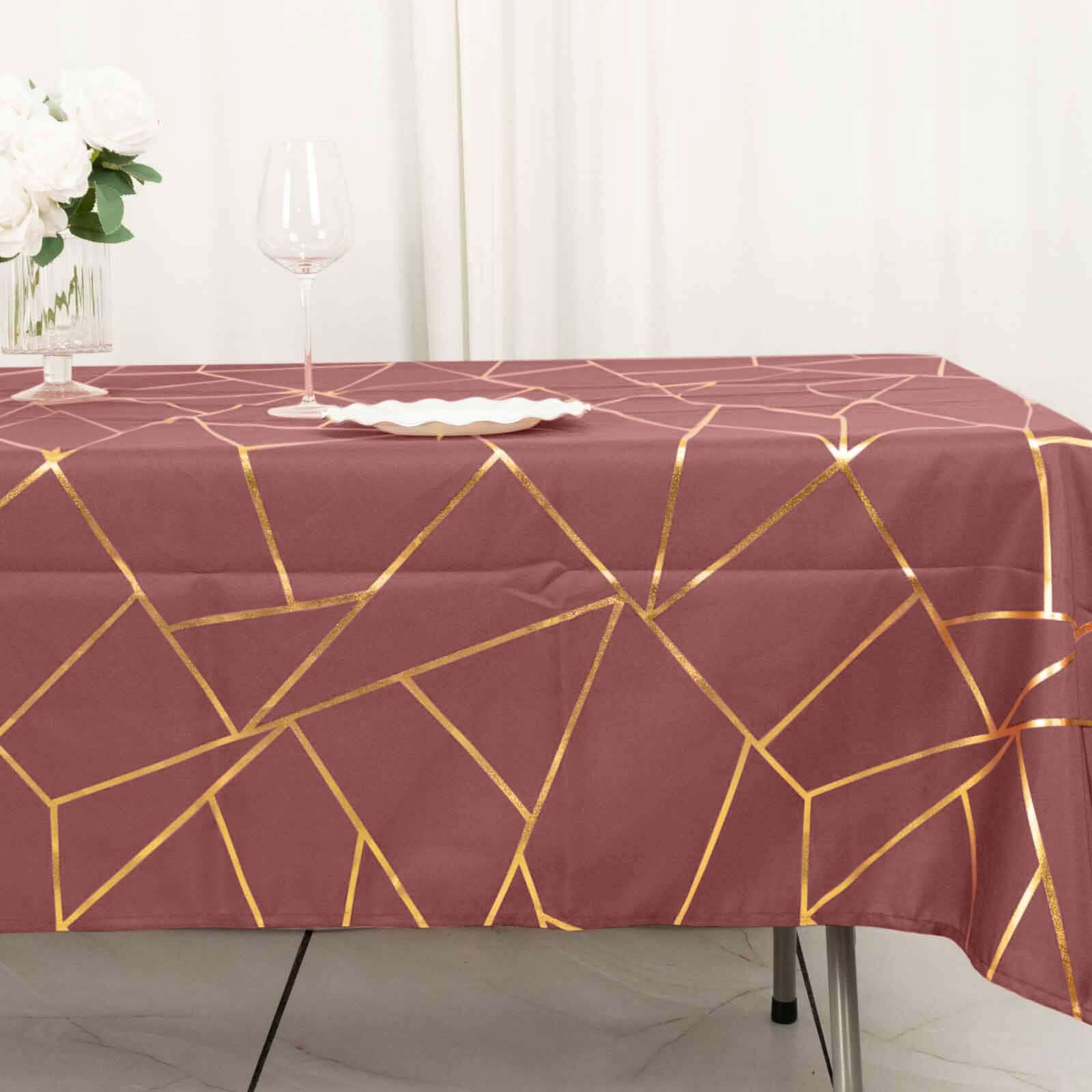 Polyester 60"x102" Rectangle Tablecloth Cinnamon Rose with Gold Foil Geometric Pattern - Wrinkle-Resistant & Durable Table Cover