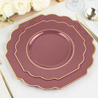 10-Pack Plastic Dinner Plates in Cinnamon Rose Baroque Design with Scalloped Gold Rim - Heavy Duty Disposable Party Plates 11"