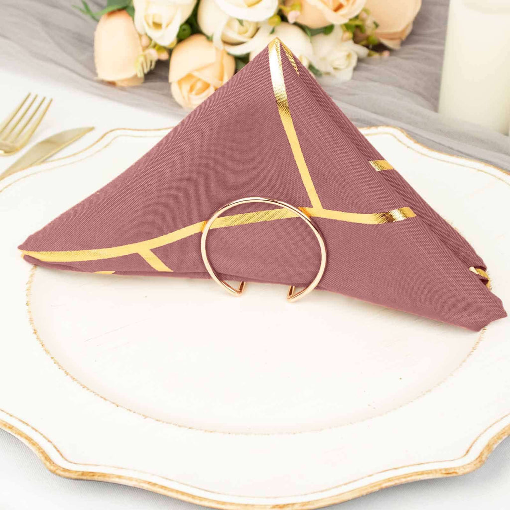 5 Pack Polyester 20"x20" Napkins Cinnamon Rose with Gold Geometric Foil Pattern - Modern Reusable Dinner Napkins