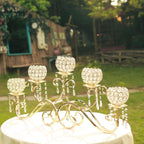 5-Arm Metal Candelabra Horizontal Design with Crystal Goblets Gold - Table Centerpiece for Events 27"