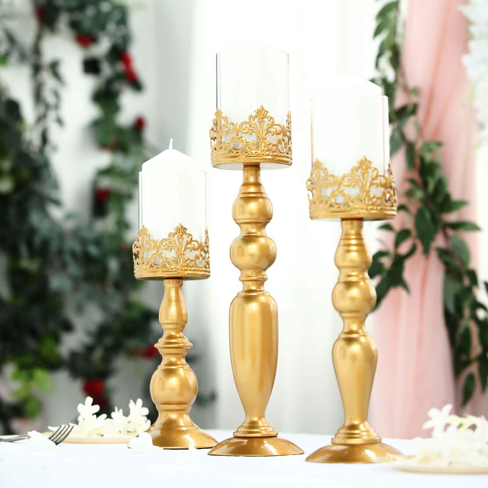 Set of 3 Lace Hurricane Candle Holders Antique Gold with Glass Shades - Chic Pillar Candle Stands 12", 14", 17"