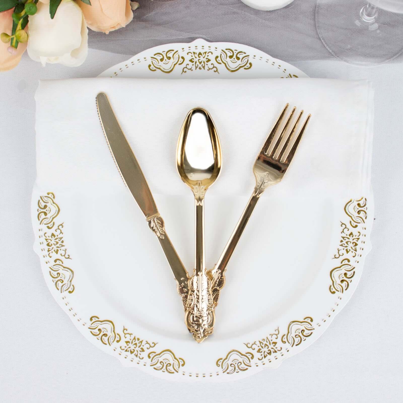 24 Pcs Plastic Silverware Set in Baroque Style Metallic Gold - Heavy Duty Disposable Knife, Fork, and Spoon Set