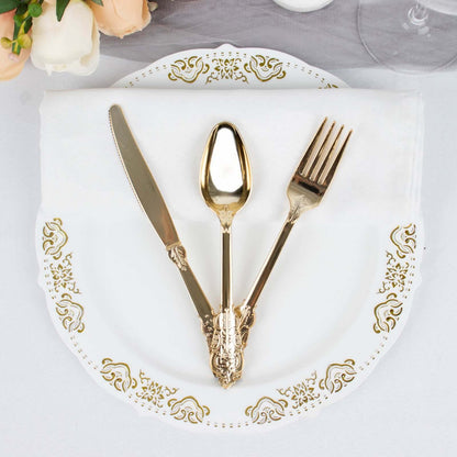 24 Pcs Plastic Silverware Set in Baroque Style Metallic Gold - Heavy Duty Disposable Knife, Fork, and Spoon Set