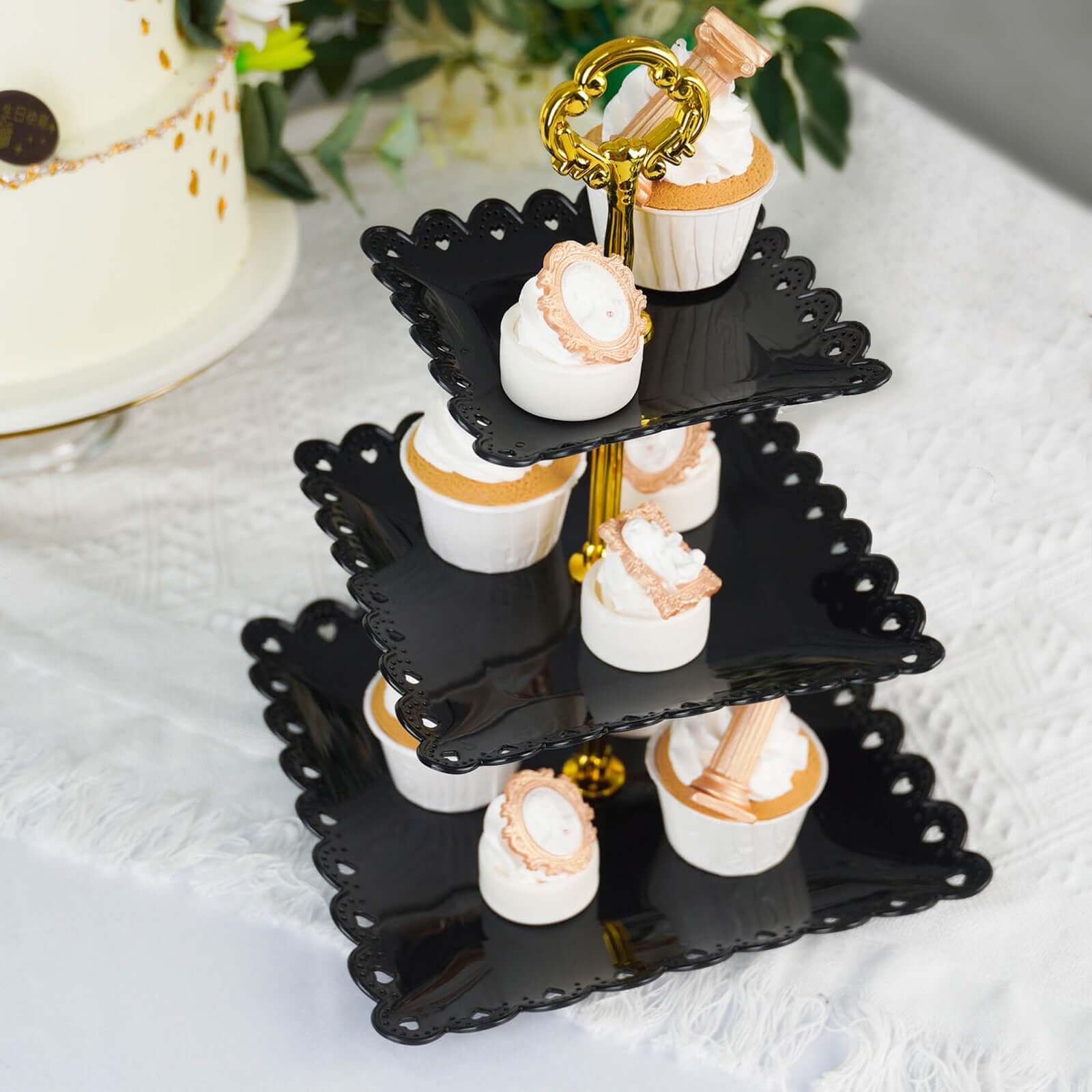 3-Tier Plastic Square Cupcake Stand Tower Black - Charming Disposable Dessert Display Serving Tray Platter with Heart Wavy Edge & Gold Top Handle for Tea Parties Weddings & Special Occasions 13"