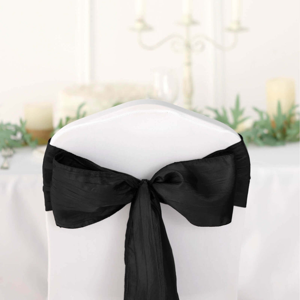 5 Pack Taffeta 6"x106" Chair Sashes Black Accordion Crinkle Texture - Stylish Decor for Weddings & Gatherings