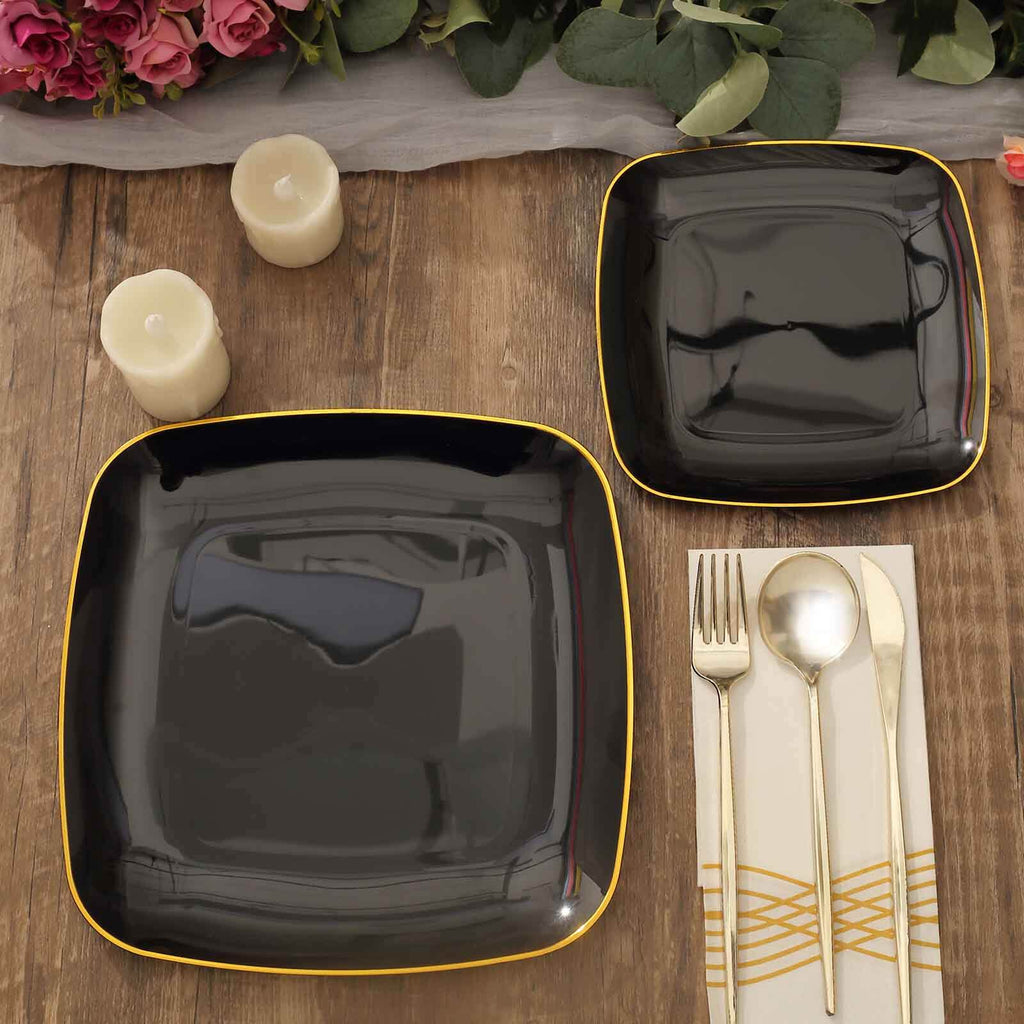 10-Pack Plastic 7" Square Dessert Plates in Black with Gold Rim - Classy Disposable Appetizer Salad Plates
