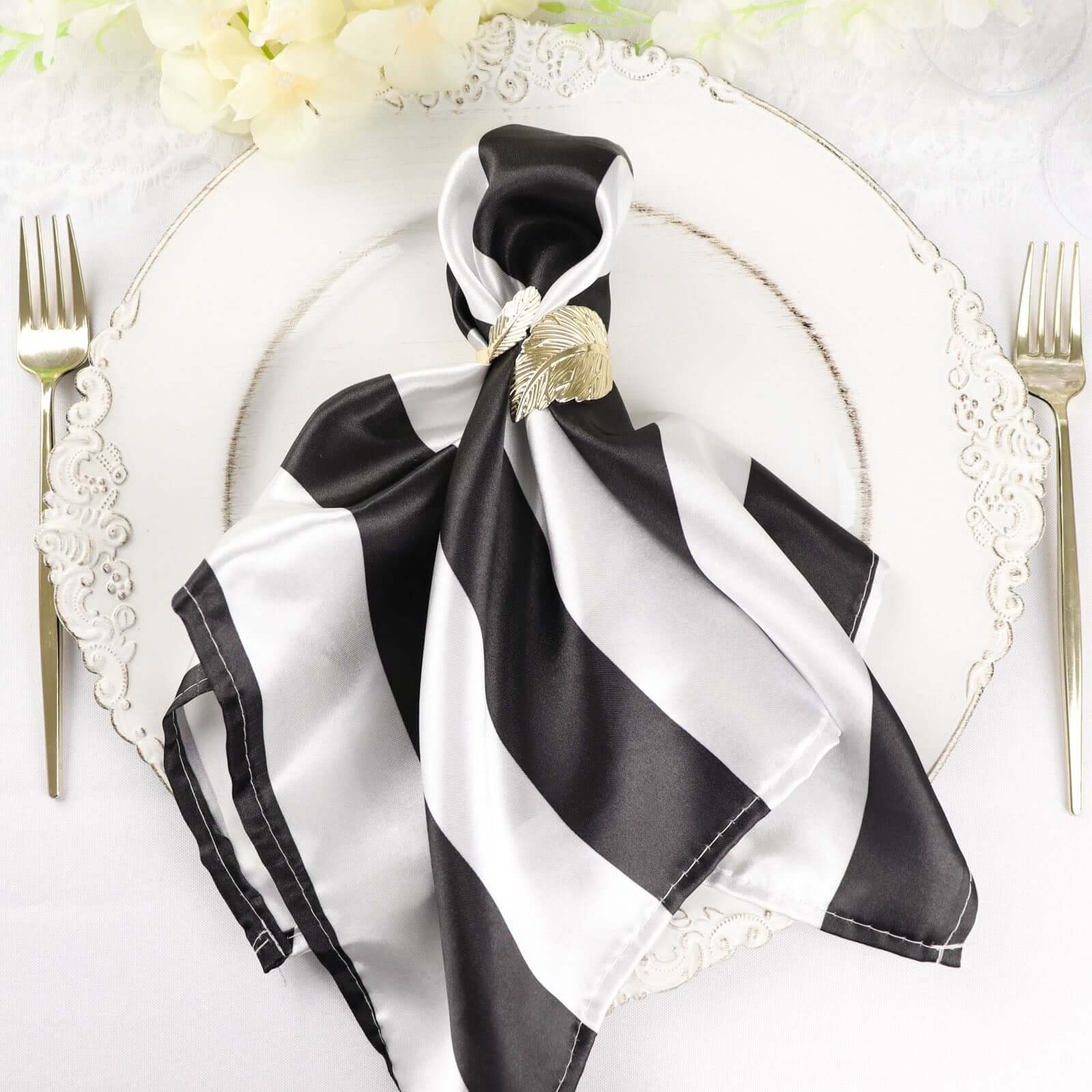 5 Pack Satin 20"x20" Napkins Black/White - Striped Reusable Dinner Napkins for Formal & Casual Dining