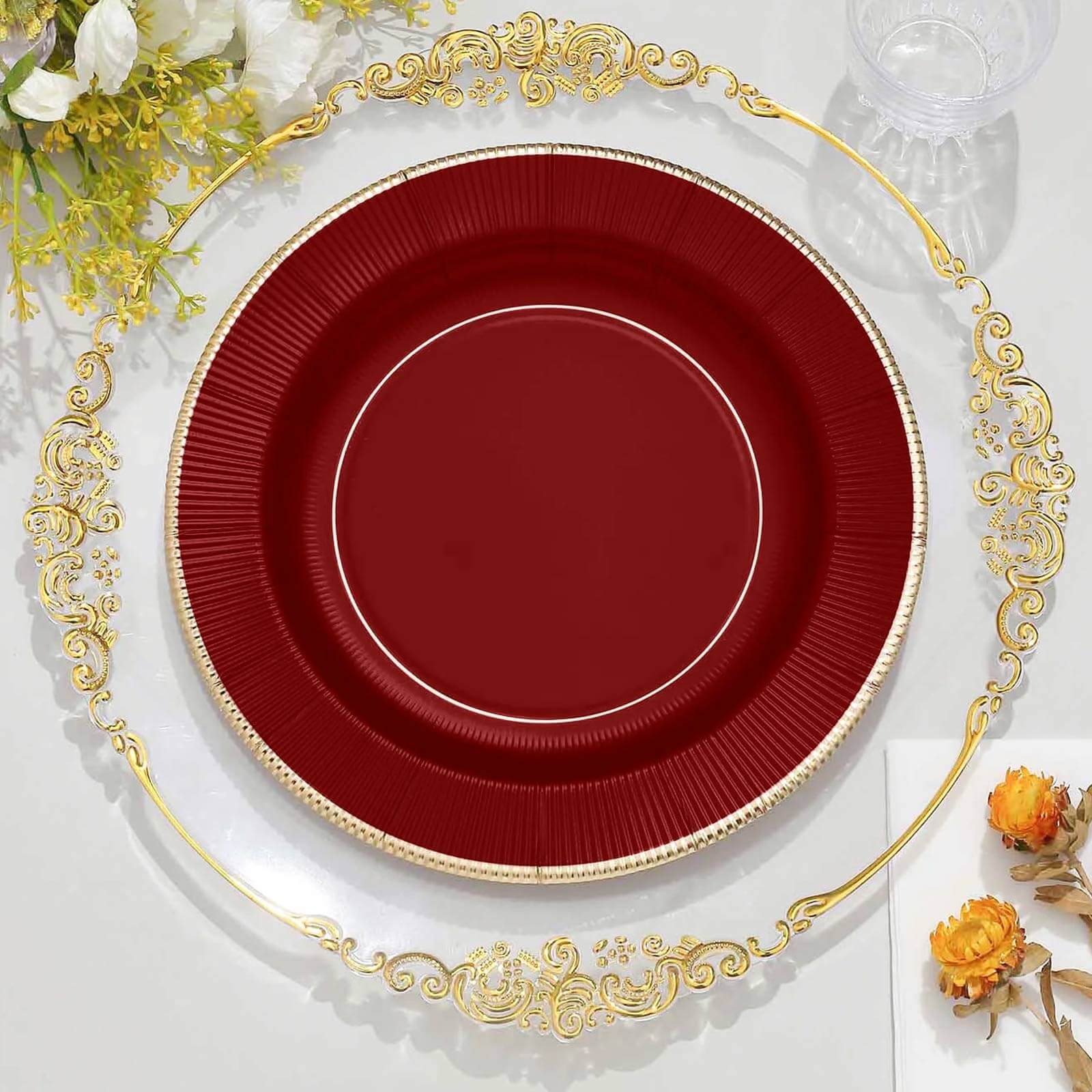 25-Pack Paper 10" Round Dinner Plates in Burgundy Sunray Design with Gold Rim - Disposable Heavy Duty 350GSM Party Plates