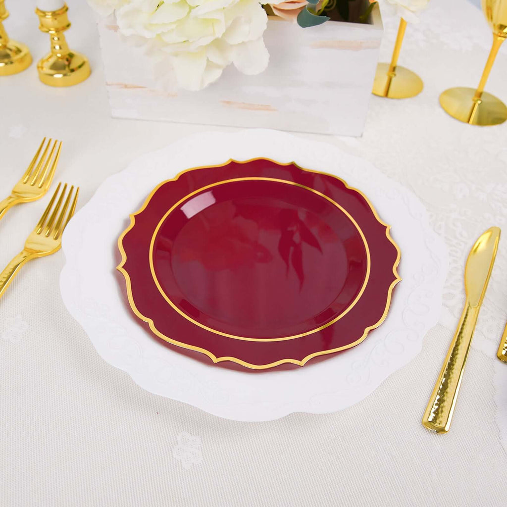 10-Pack Plastic 8" Round Dessert Plates in Burgundy with Gold Scalloped Rim - Disposable Appetizer/Salad Plates