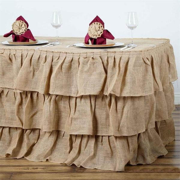 Burlap 17ft Table Skirt Natural 3 Tier Ruffled Design for Rustic Weddings & Country Events