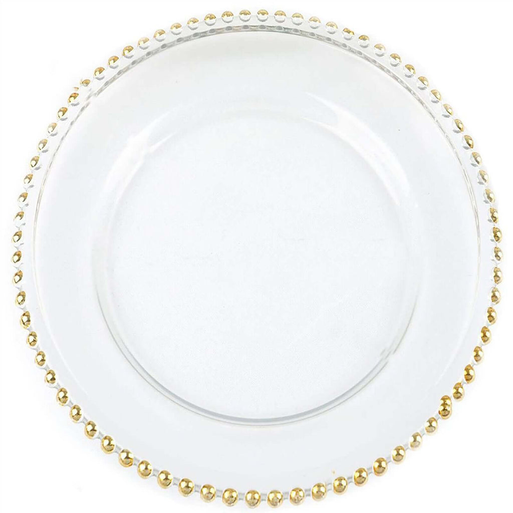 8-Pack Glass Round Charger Plates 12" Clear with Gold Beaded Rim, Event Tabletop Decorative Dinner Charger Tableware