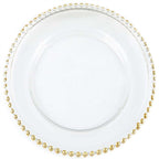 8-Pack Glass Round Charger Plates 12" Clear with Gold Beaded Rim, Event Tabletop Decorative Dinner Charger Tableware