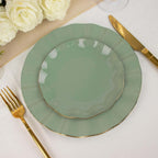 10-Pack Plastic Round 6" Dessert Plates in Dusty Sage Green Ruffled Rim with Gold Edging - Sturdy Disposable Salad Appetizer Dinnerware