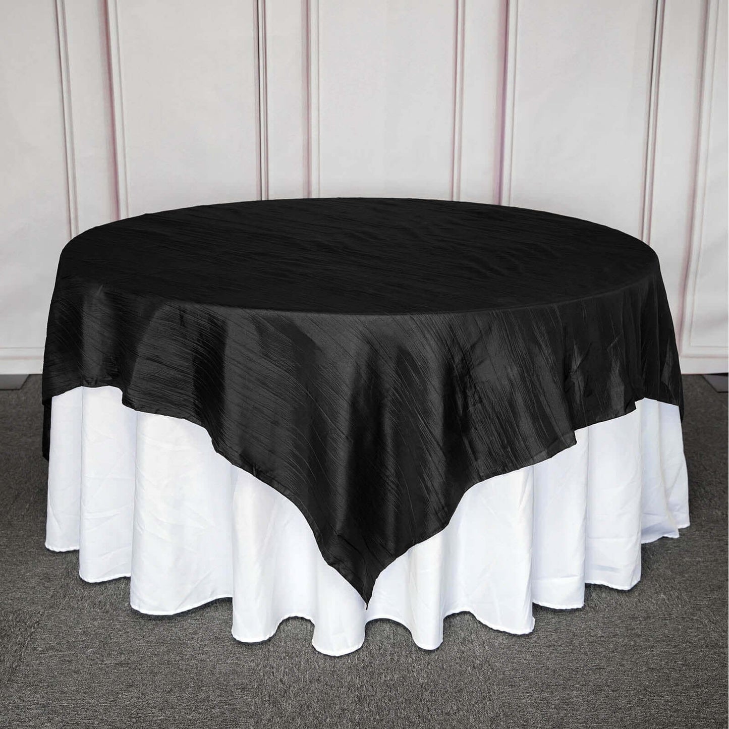 Taffeta 90"x90" Table Overlay Square Tablecloth Black - Accordion Crinkle Table Cover