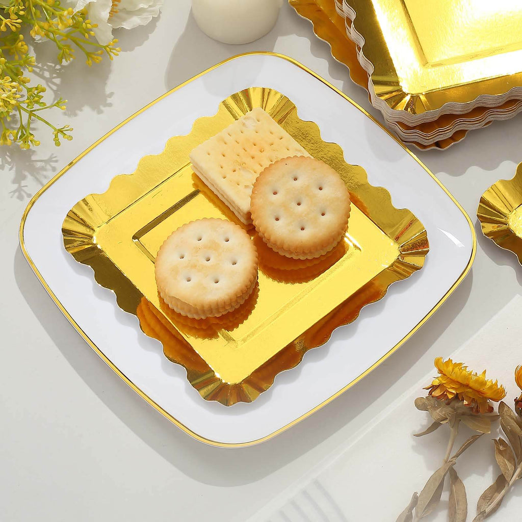 50-Pack Paper 5" Square Dessert Plates in Gold Foil with Scalloped Rim - Disposable Appetizer Plates for for Glam Gatherings & Special Occasions