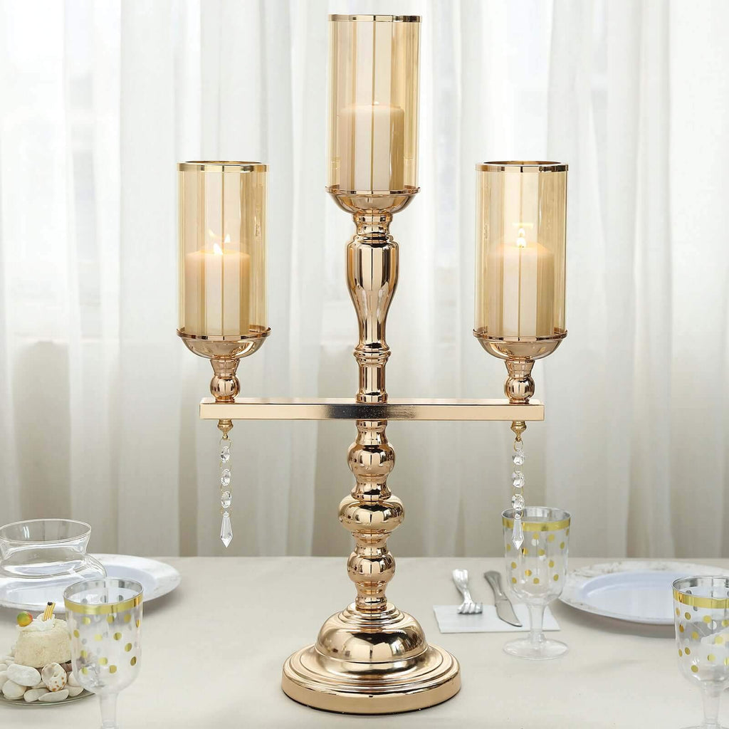 3-Arm Gold Candelabra Metal with Amber Glass Shades - Stylish Table Centerpiece for Gatherings