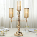 3-Arm Gold Candelabra Metal with Amber Glass Shades - Stylish Table Centerpiece for Gatherings