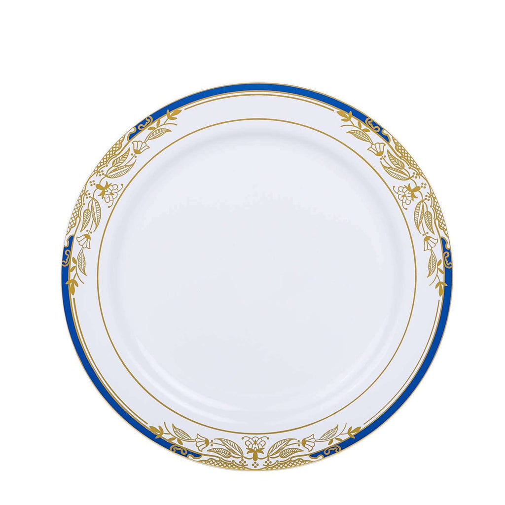 10-Pack Plastic 10" Round Dinner Plates in White with Royal Blue Rim - Stylish Gold Vine Design Disposable Party Plates for Special Occasions & Celebrations