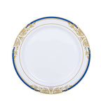 10-Pack Plastic 10" Round Dinner Plates in White with Royal Blue Rim - Stylish Gold Vine Design Disposable Party Plates for Special Occasions & Celebrations