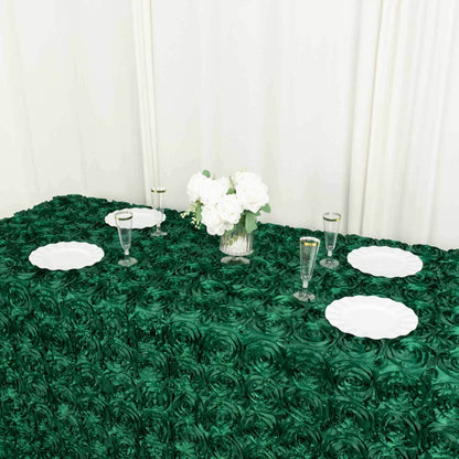 Satin 90"x132" Rectangle Tablecloth Hunter Emerald Green - Grandiose 3D Rosette Seamless Table Cover