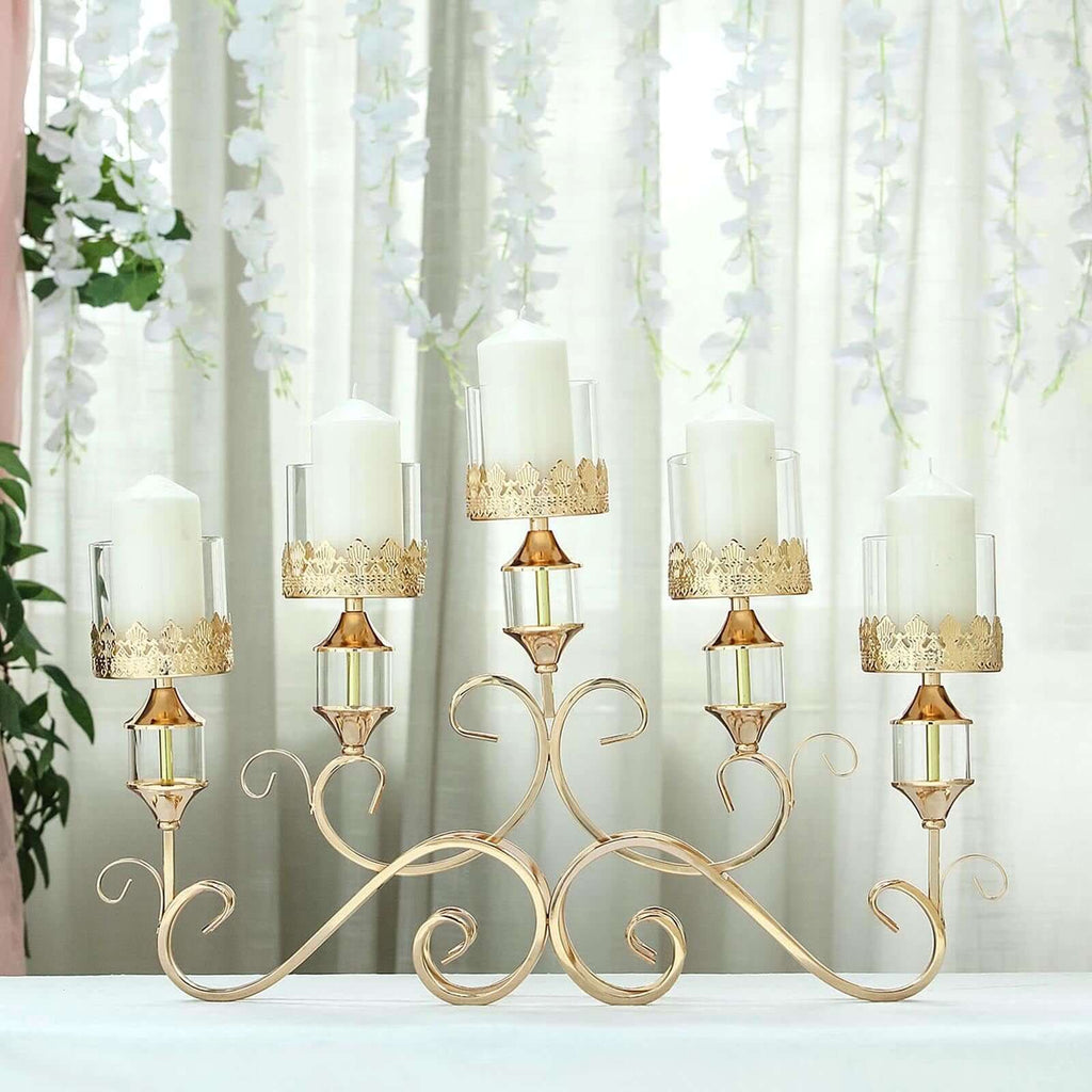 5-Arm Metal Table Candelabra Antique Gold Crown Top Design - Stylish Horizontal Table Centerpiece with Glass Votive Holders 18"