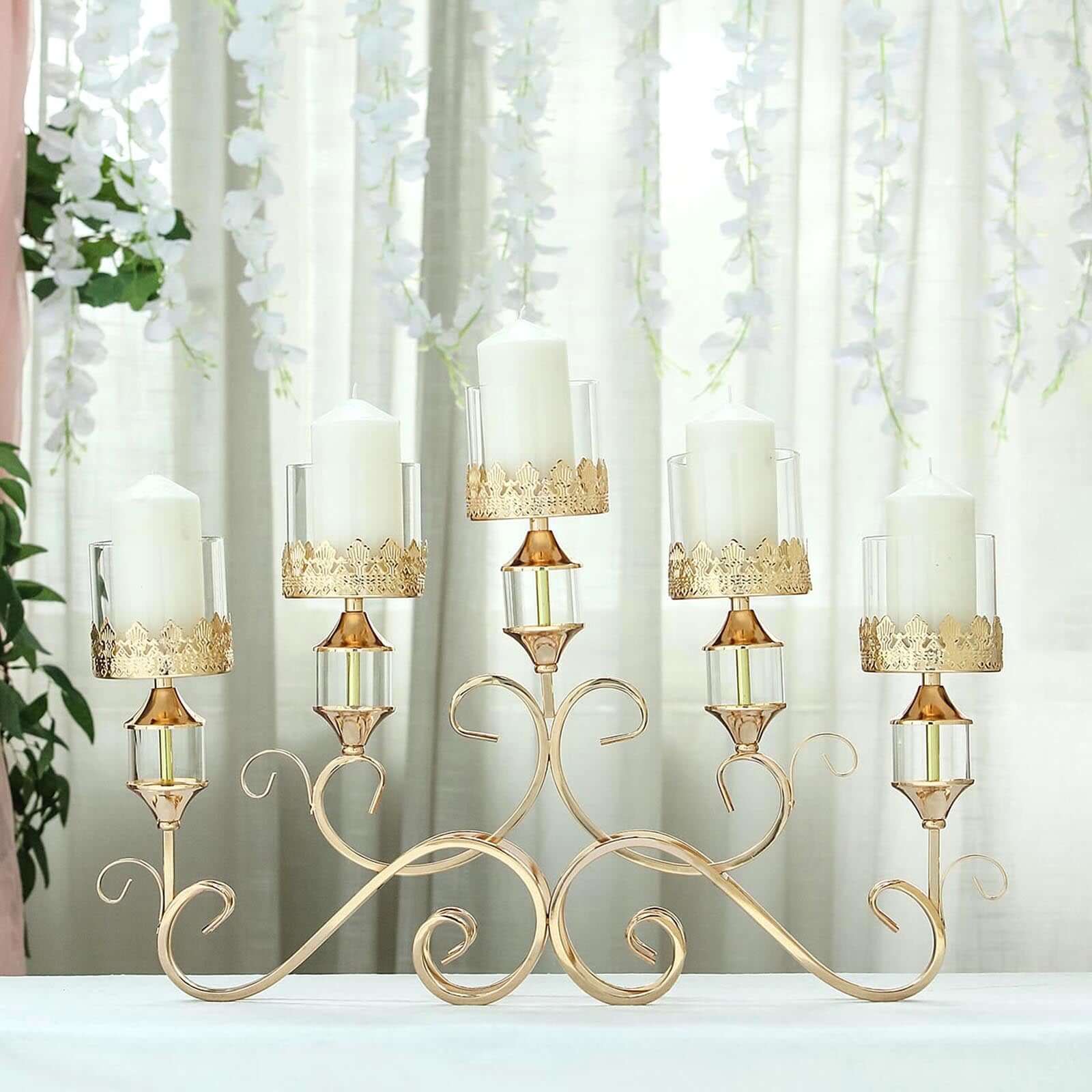 5-Arm Metal Table Candelabra Antique Gold Crown Top Design - Stylish Horizontal Table Centerpiece with Glass Votive Holders 18"